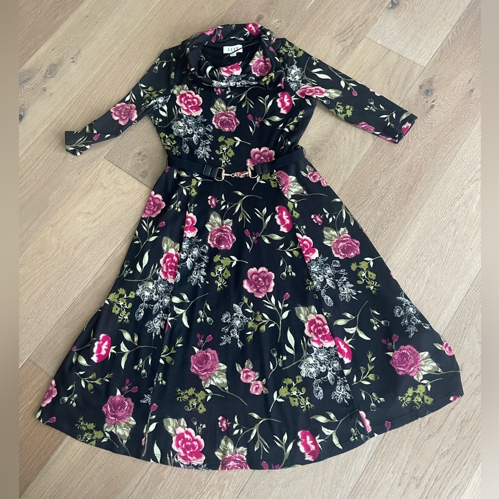 Elle Black Dress with Pink Floral Design